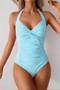 V Neck Halter One Piece Ruched Backless Swimsuit