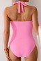 V Neck Halter One Piece Ruched Backless Swimsuit