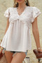 V Neck Lace Cutwork Flock Dot Ruffle Shirt