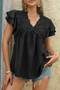 V Neck Lace Cutwork Flock Dot Ruffle Shirt