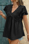 V Neck Lace Cutwork Flock Dot Ruffle Shirt