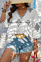 Plus V Neck Geometric Printed Embroidered Peplum Shirt