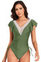 Ruffle Sleeves Lace Color Block Ruched Swimsuit