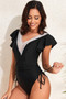 Ruffle Sleeves Lace Color Block Ruched Swimsuit