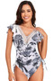 Ruffle Sleeves Lace Color Block Ruched Swimsuit