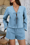 Two Pieces Tie Open Front V Neck Long Sleeve Sets