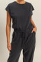 HYFVE Back Keyhole Round Neck Cap Sleeve Drawstring Jumpsuit