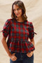 SO ME Christmas Holiday Plaid Ribbon Short Sleeves Top