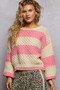 POL Contrast Striped Round Neck Sweater with Textured Cable Knit Pattern