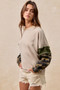 BiBi Camo Sleeve French Terry Top with Frayed Edge