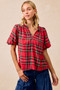 BiBi Christmas Plaid Short Sleeves Ruffled Blouse