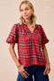 BiBi Christmas Plaid Short Sleeves Ruffled Blouse