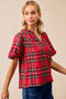 BiBi Christmas Plaid Short Sleeves Ruffled Blouse