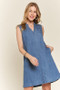 ADORA Notched Sleeveless Denim Dress with Pockets