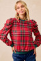 BiBi Christmas Plaid Exaggerated Shoulder Sleeves Top