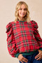 BiBi Christmas Plaid Exaggerated Shoulder Sleeves Top