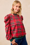 BiBi Christmas Plaid Exaggerated Shoulder Sleeves Top