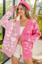 BiBi Heart Color Block V-Beck Knit Cardigan with Pockets