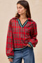 BiBi Christmas Plaid Collared Top with Ruffled Detail
