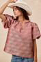 BiBi Jacquard Woven Short Balloon Sleeves V Neck Top