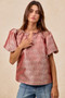 BiBi Jacquard Woven Short Balloon Sleeves V Neck Top