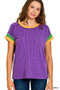 Zenana Mardi Gras Raised Rib Contrast Trim Top