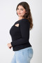 Plus Size Black Ribbed Cutout Long Sleeve Top