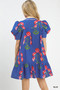 Umgee Floral Print Puff Sleeve Mini Dress with Scallop Trim