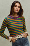 SO ME Mardi Gras Striped Cropped Knit Top with Crochet Edge