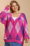 Umgee Full Size Argyle Pattern V-Neck Button Front Cardigan Plus Size