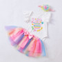 Baby Girl Cartoon Embroidered Rabbit Egg Flying Sleeve Romper Rainbow Dress Two-piece Set