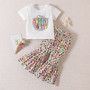 Girl Spring Summer Cartoon Rabbit Print Short Sleeve T-Shirt And Bell Bottom Pants Two-piece Set