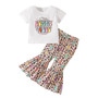 Girl Spring Summer Cartoon Rabbit Print Short Sleeve T-Shirt And Bell Bottom Pants Two-piece Set