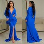 Fashion Women's Solid V-Neck Long Sleeve Pleated Dress