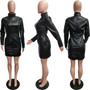 Women Solid Color Pu Leather Long Sleeve Pocket Zipper Dress