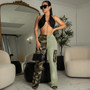 Women Camouflage Print Contrast Style Patch Pocket Denim Straight Leg Pants