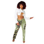 Women Camouflage Print Contrast Style Patch Pocket Denim Straight Leg Pants