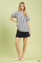 Umgee Striped Notched Top with Short Flutter Sleeves