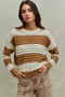 SO ME Openwork Round Neck Wide Stripe Textured Sweater