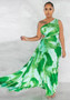 Women Slash Shoulder Sleeveless Pleated Maxi Dress in Green Camouflage Print for Casual Elegance