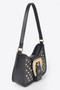 Faux Leather Studded Metal Buckle Shoulder Bag