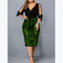 Plus Size Women V Neck Sequin Cutout Half Sleeve Dress