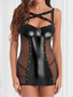 Sexy Black Mesh Leather Patchwork Slim Fit Night Dress Lingerie