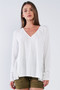 Off-White Loose Fit Long Sleeve V-Neck Mesh Detail Tunic Pullover Top