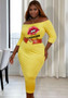 Plus Size Women Off Shoulder Print Bodycon Midi Dress