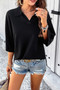 Solid Notched Collar V Neck Knit Short Sleeve Sweater