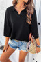 Solid Notched Collar V Neck Knit Short Sleeve Sweater
