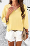 Solid Notched Collar V Neck Knit Short Sleeve Sweater