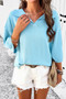 Solid Notched Collar V Neck Knit Short Sleeve Sweater