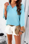 Solid Notched Collar V Neck Knit Short Sleeve Sweater